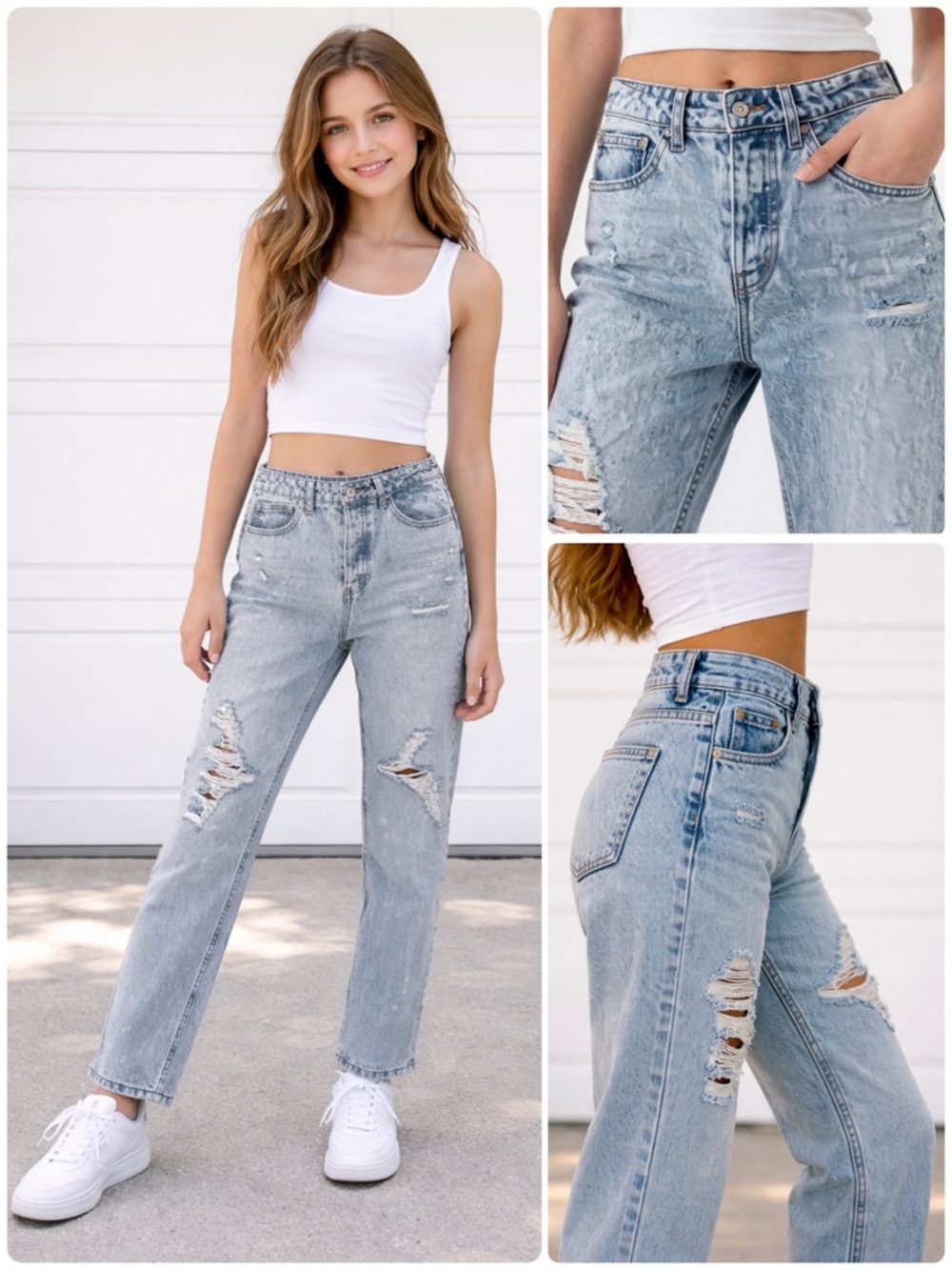 Distressed Jeans Super High Rise 100% Cotton Straight Relaxed 5 Pockets Design